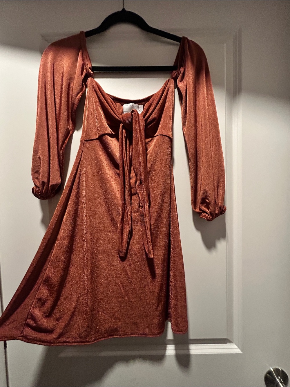 ASOS DESIGN Rust Copper Shimmer Tie-Front Long Sleeve Mini Dress – US 4